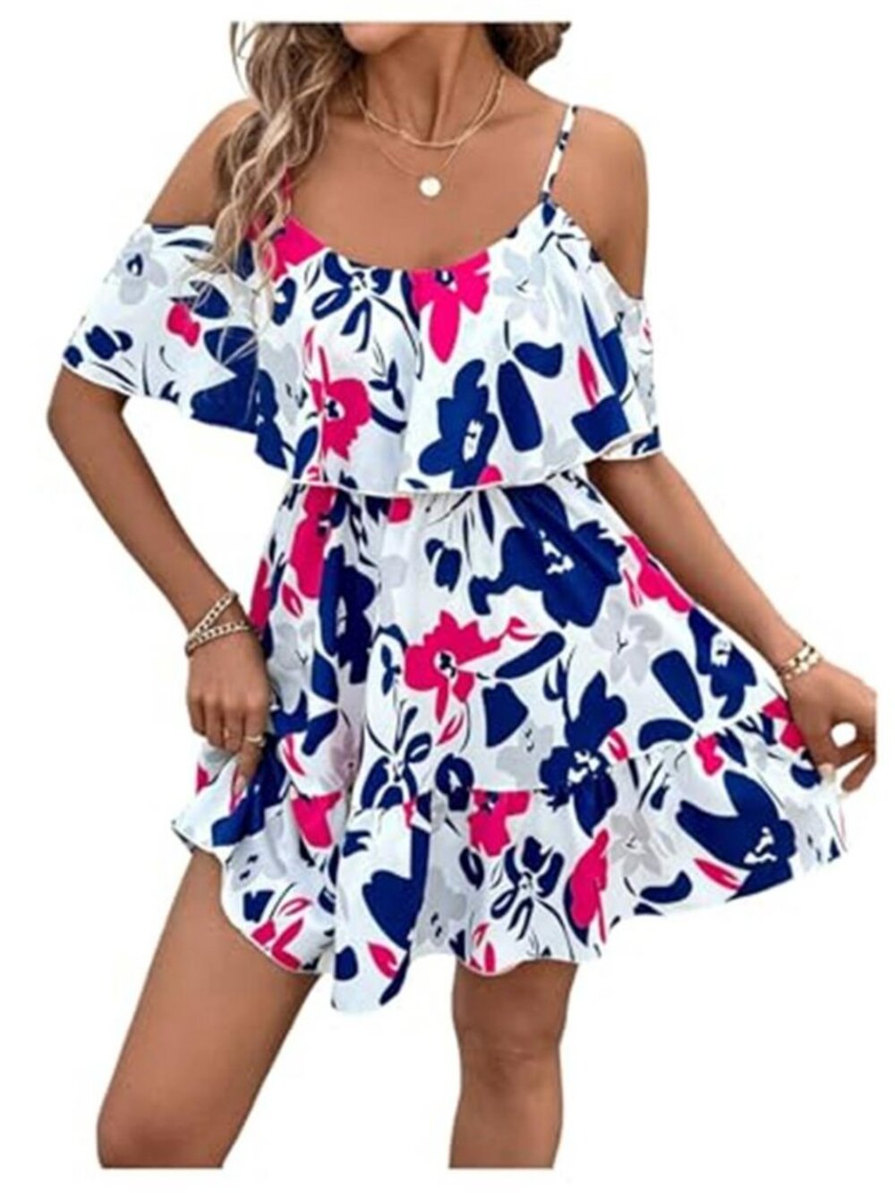 Summer Floral Boho Print Cold Shoulder  Ruffle Dress